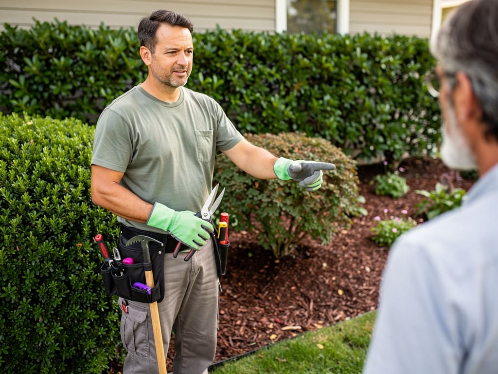 Addetto alla manutenzione che controlla arbusti in un giardino residenziale